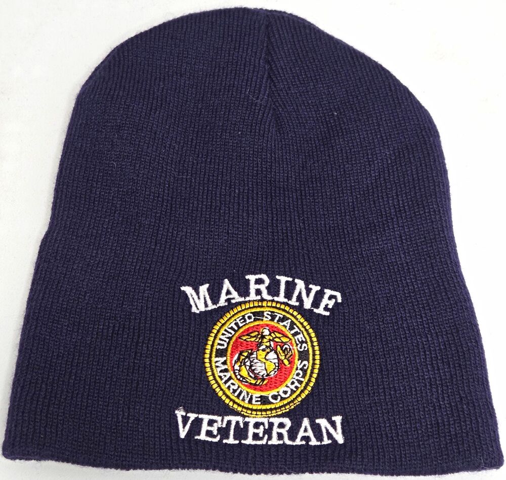 USMC Marine Veteran Embroidered Beanie Hat Skull Cap Knit Winter Navy Blue EGA